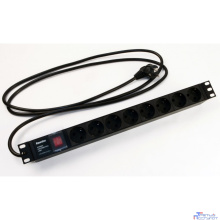Hyperline SHE19-8SH-S-2.5EU Блок розеток для 19" шкафов, горизонтальный, с выключателем с подсветкой, 8 розеток Schuko (16A), 250В, кабель питания 3х1.5мм2, длина 2.5 м, с вилкой Schuko, 482.6x44.4x44