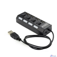 Gembird Разветвитель USB2.0 4xUSB, блок питания 2А, подсветка и выкл, кабель USB 55см, черный (UHB-U2P4-02A)