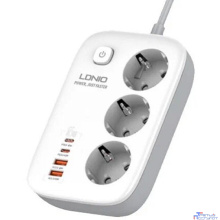 LDNIO SE3436/ Сетевой удлинитель 2м/ 3 розетки/ 3250W/ 4 USB: QC 4.0+PD 3.0+PPS/ GAN 65W/ White