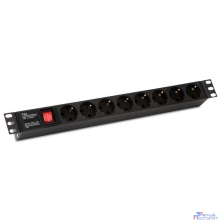 Hyperline SHE19-8SH-S-IEC Блок розеток для 19" шкафов, горизонтальный, с выключателем с подсветкой, 8 розеток Schuko (10А), 250В, без кабеля питания, входная розетка IEC 60320 C14, 482.6х44.4х44.4мм