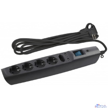ЭРА C0043326 Сетевой фильтр SFU-5es-2m-B черный {3x1 мм2, со шт, с выкл, 5гн + 2 USB - зарядки, 2м, защита от короткого замыкания, от перегрузки, от импульсных и высокочастнотных помех}