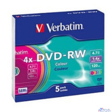Verbatim Диск DVD-RW 4x, Colour, Slim, 5шт,(43563)