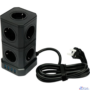 Cablexpert Сетевой фильтр Tower TWR-9-U4-B-2 (9р, 16А, 4 х USB, 3.1А, 2м, ур.защиты 4+) черный, коробка