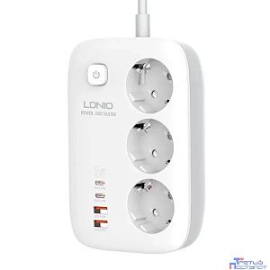 LDNIO SE3436/ Сетевой удлинитель 2м/ 3 розетки/ 3250W/ 4 USB: QC 4.0+PD 3.0+PPS/ GAN 65W/ White