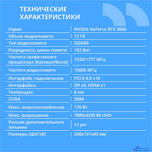 Видеокарта CBR RTX3060 12Gb GDDR6, 192bit, 3*DP + 1*HDMI 2.1, 170W, Ret [VGA-STX3060-12G-RTL]