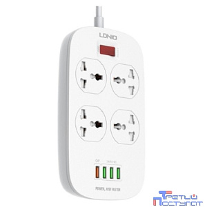 Perfeo LD_B4435 LDNIO SC4407Q/ Сетевой фильтр 2м/ 4 розетки EU_UK_US/ 2500W/ 4 USB+QC 3.0/ Выкл. на розетки/ White