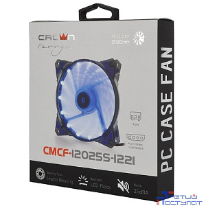 CROWN Вентилятор для компьютерного корпуса CMCF-12025S-1221 (120*120*25мм;Синий 16LED;1500 об/мин;35CFM;20Дб;Подшипник скольжения;3pin+MOLEX(папа-мама) 40+10см)