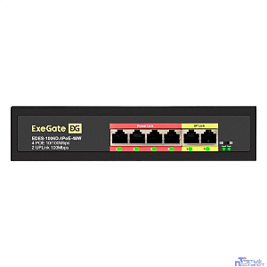 Exegate EX299020RUS Коммутатор неуправляемый ExeGate EDES-1006D.4PoE-48W (6-портовый UTP 10/100 Base-Tx: 4 порта 802.3af (PoE), мощность PoE: 25W, суммарно 48W, 2 порта RJ45 uplink, настенный/настольн