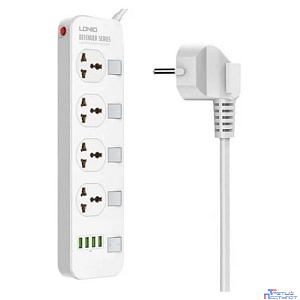 Perfeo LD_B4610  LDNIO SC4408/ Сетевой фильтр 2м/ 4  розетки EU_UK_US/ 2500W/ 4 USB/  Выключатели на розетки/ White