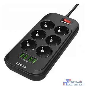 Perfeo LD_B4436  LDNIO SE6403/ Сетевой удлинитель 2м + ЗУ на 4 USB/ 6 розеток (медь) - 2500W/ USB - 17W/ Black&Gray