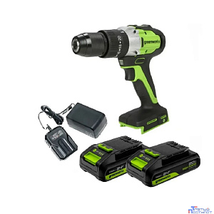 Greenworks GD24DD60 Дрель-шуруповерт ударная аккумуляторная, 24V, бесщеточная, 30/60Нм,2х2Ач,ЗУ,кор [3704107CUC]