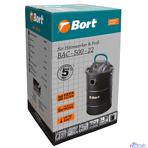 Bort Пылесос электрический BAC-500-22 для сбора золы {Мощность 500 Вт; Уровень шума 80 дБ; Емкость пылесборника 22 л; 4,42 (4,42) кг; 32,5 x 32,5 x 44;  гарантия 2 г} [98291834]
