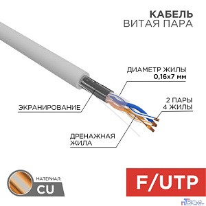 Rexant (01-0125) Кабель витая пара F/UTP, CAT 5e, PVC, 2PR, 24AWG, INDOOR, STRANDED, серый, 305м