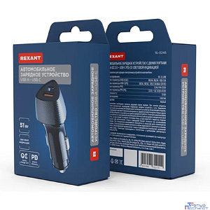 Rexant (16-0246) Автомобильное зарядное устройство с двумя портами (USB-A QC 3.0 + USB-C PD) со световой индикацией, 51Вт, черное