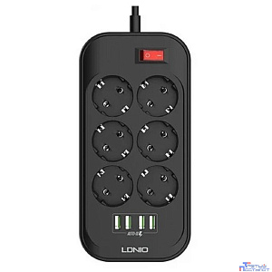 Perfeo LD_B4436  LDNIO SE6403/ Сетевой удлинитель 2м + ЗУ на 4 USB/ 6 розеток (медь) - 2500W/ USB - 17W/ Black&Gray
