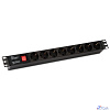 Hyperline SHE19-8SH-S-IEC Блок розеток для 19" шкафов, горизонтальный, с выключателем с подсветкой, 8 розеток Schuko (10А), 250В, без кабеля питания, входная розетка IEC 60320 C14, 482.6х44.4х44.4мм