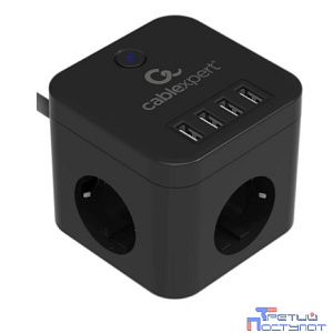 Cablexpert Сетевой фильтр Cube CUBE-3-U4-B-1.5 (3р, 10А, 4 х USB, 1.5м, ур.защиты 4+) черный, коробка