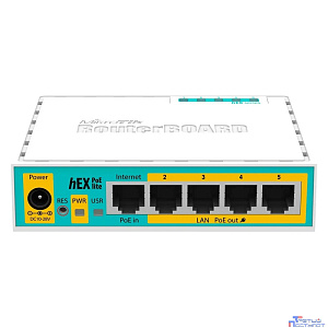 MikroTik RB750UPr2 hEX PoE lite Маршрутизатор 5-портовый 100-Мбитный  с поддержкой PoE на 4-х портах 5x Ethernet, раздача PoE, 650 МГц ЦП, 64 МБ