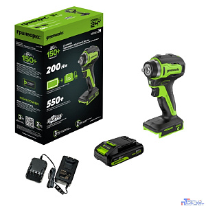 Greenworks G24IW200 Гайковерт ударный аккумуляторный, 24V, 200 Нм, бесщеточный, 3/8'', 1х2Ач,ЗУ,кор [3803607CUA]