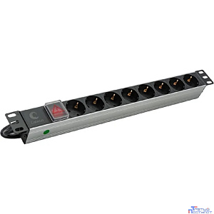 Cabeus  PDU-8P-2IEC  Блок евророзеток для 19" шкафов, горизонтальный, 8 розеток, 10 A, выключатель, алюминиевый корпус, шнур 2 м, вилка IEC 320 C14