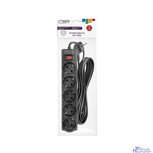 CBR Сетевой фильтр CSF 2505-5.0 Black PC, 5 евророзеток, длина кабеля 5 метров, цвет чёрный (пакет)