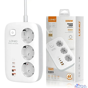 LDNIO SE3436/ Сетевой удлинитель 2м/ 3 розетки/ 3250W/ 4 USB: QC 4.0+PD 3.0+PPS/ GAN 65W/ White