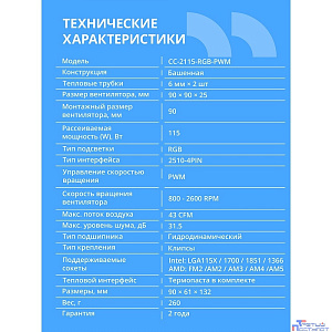 CBR-CC-2115-RGB-PWM Кулер для процессора, Al+Cu, 2 heat pipes, Socket 775/1155/1156/1150/1151/1200/1700/940/AM2/АМ2+/АМ3/AM3+/FM1/FM2/AM4/AM5, TDP 115W, 90mm Fan, 2600RPM, HB, RGB, PWM, 32db