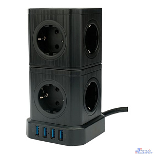Cablexpert Сетевой фильтр Tower TWR-9-U4-B-2 (9р, 16А, 4 х USB, 3.1А, 2м, ур.защиты 4+) черный, коробка